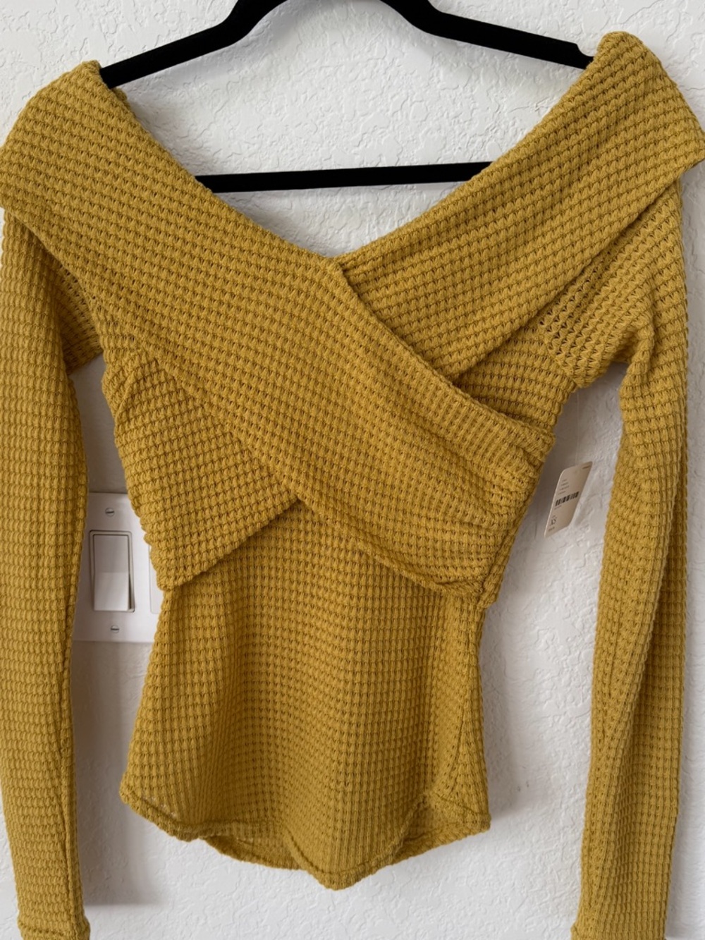 Free People Mustard Yellow Waffle Knit Off-Shoulder Top